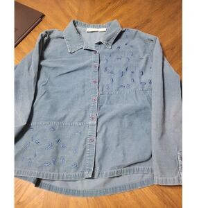 Basic Editions Womens Blue Corduroy Leaf Embroidered Button Up Shirt Extra Large